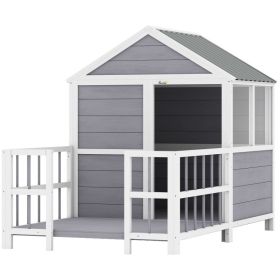 Outdoor Dog House, 61"L Wooden Dog House with Porch, Weatherproof Roof, Elevated Base, Air Vents & Observation Windows
