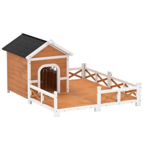 Outdoor Wooden Dog House, Dog Shelter with Large Porch, Weatherproof & Openable Roof, Elevated Base, Removable Floor